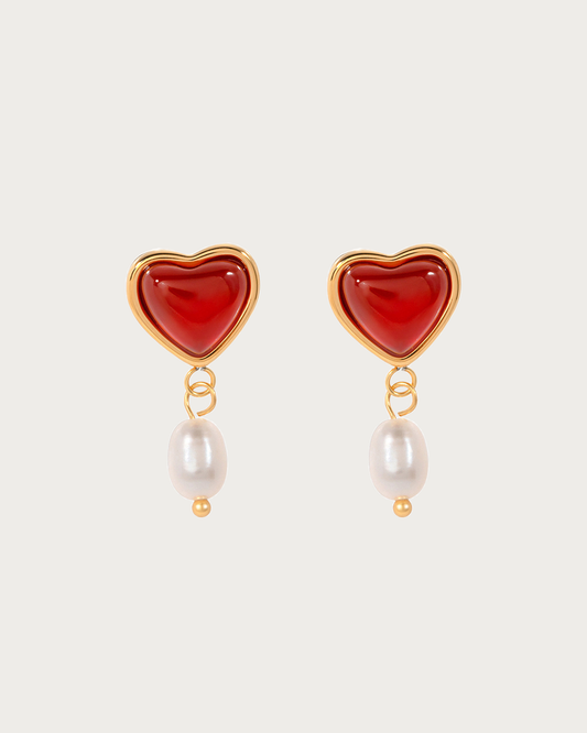 Judith Red Carnelian Stone Heart Pearl Golden Drop Earrings