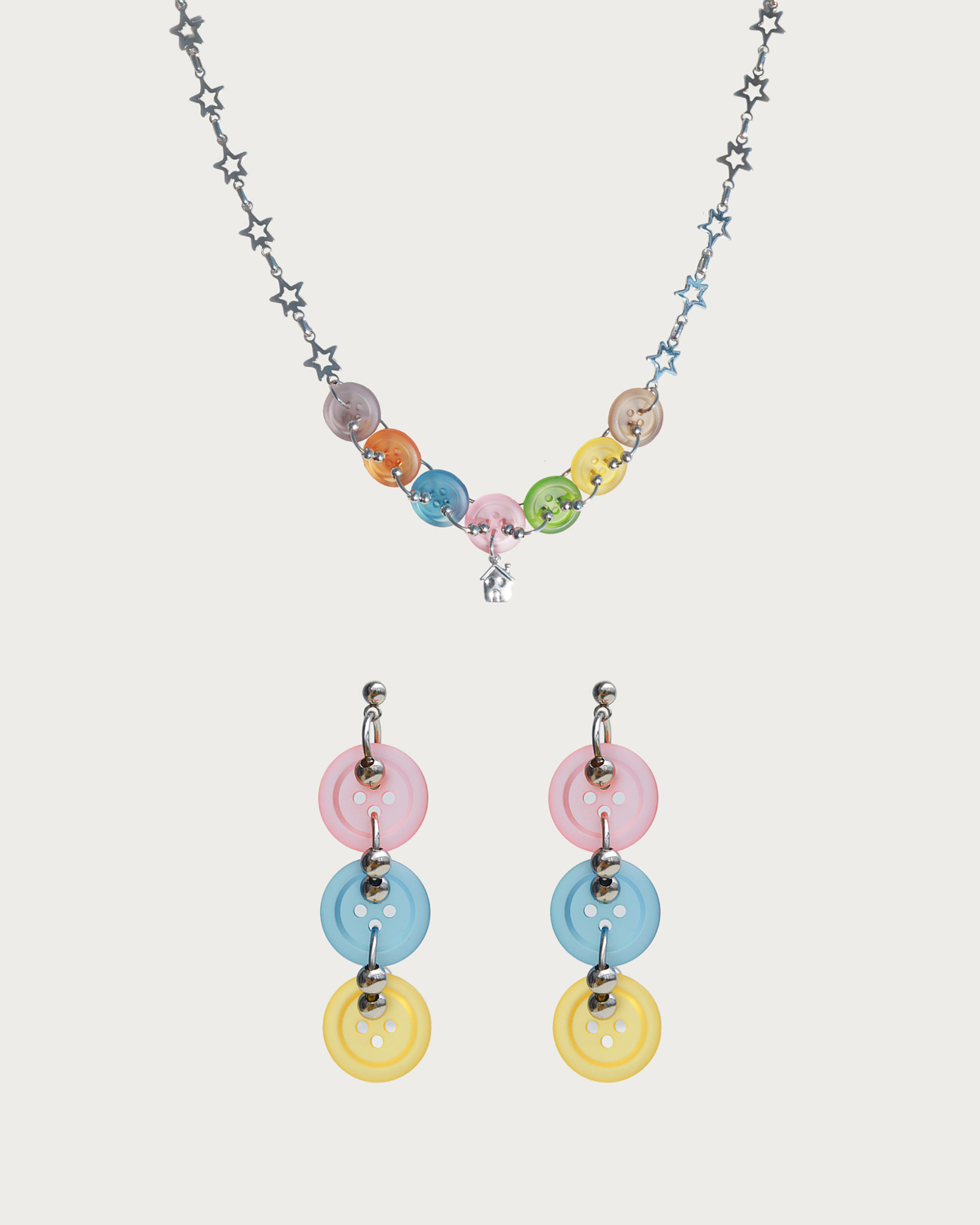 Olive Colorful Button Silver Drop Earrings & Necklace