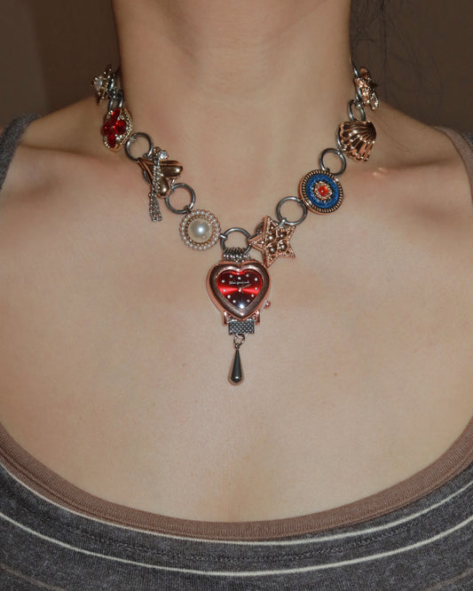 Willow Whimsical Button & Floral Red Heart Clock Face Silver Necklace