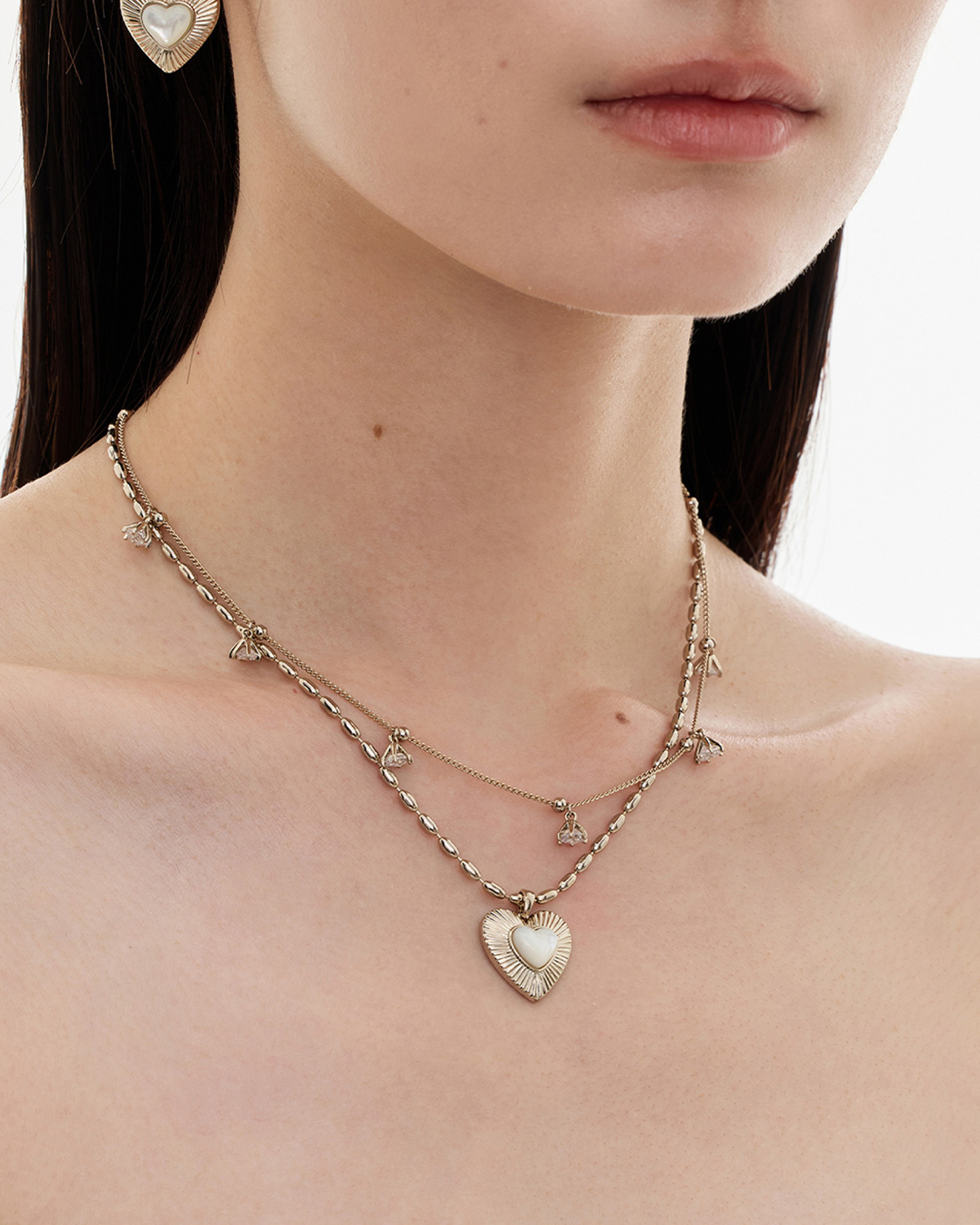 Constance Heart Mother Of Pearl Double Layer Silver Necklace