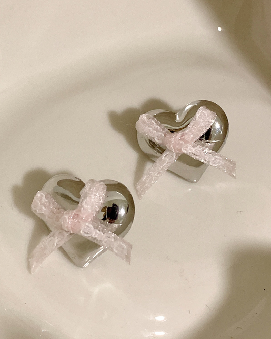 Tina Pink Bow Tie Heart Silver Stud Earrings