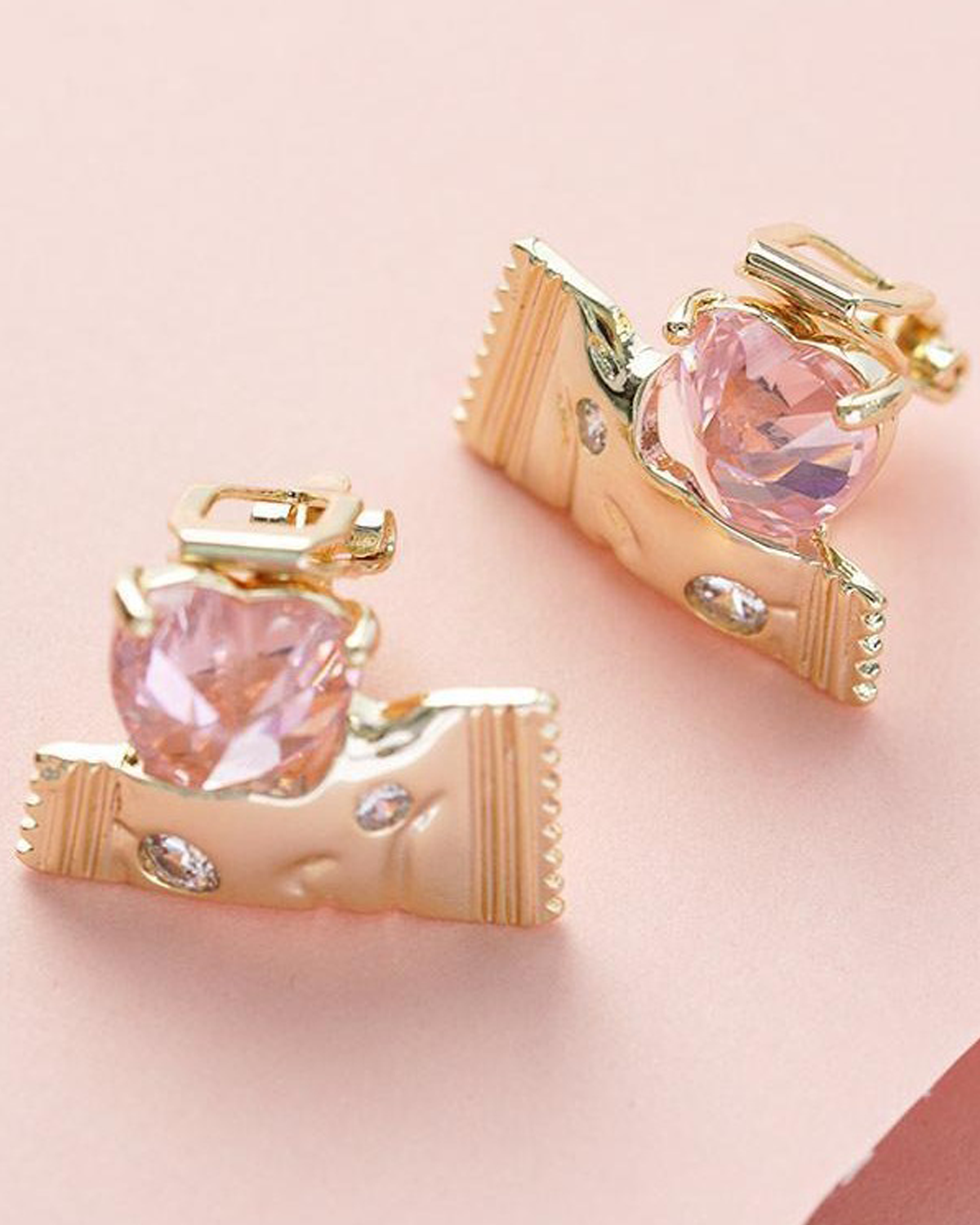 Bella Candy Pink Heart Golden Stud Earrings