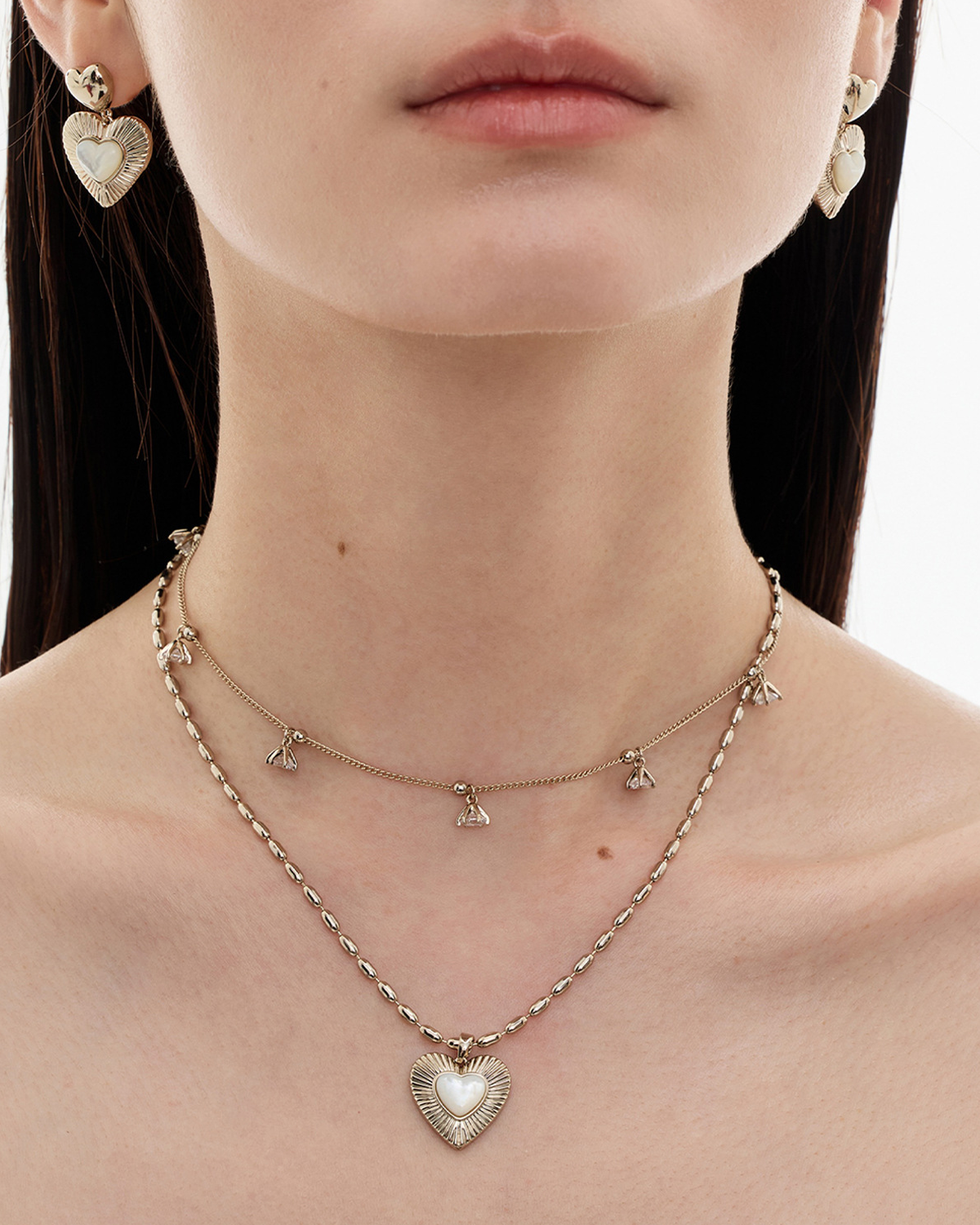 Constance Heart Mother Of Pearl Double Layer Silver Necklace