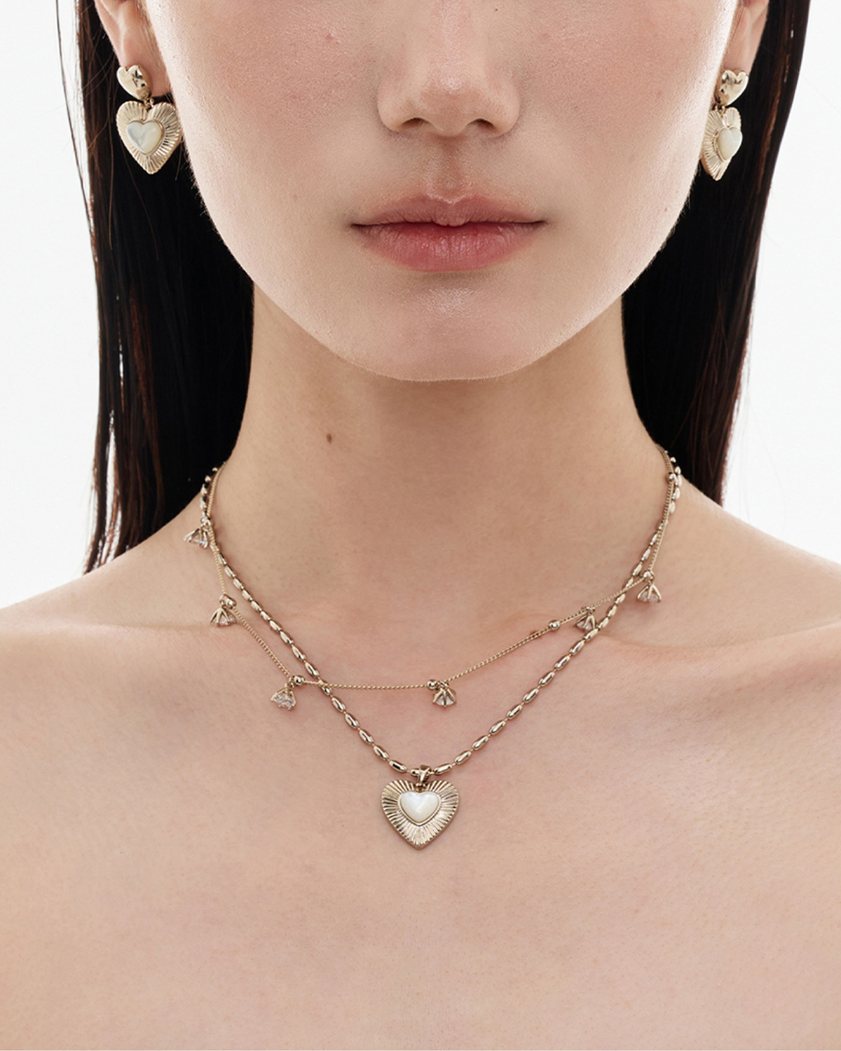 Constance Heart Mother Of Pearl Double Layer Silver Necklace