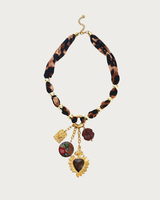 Trista Leopard Heart Flower Golden Pendant Necklace