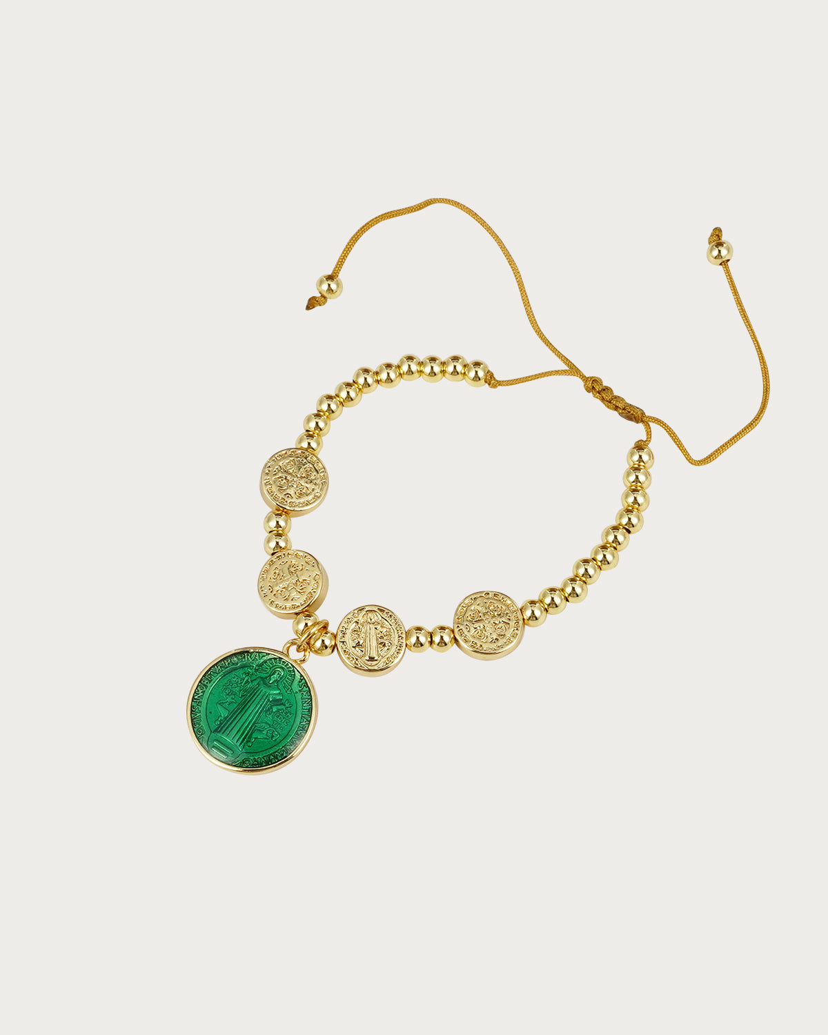 Pulsera de cuentas verdes doradas de la Virgen María