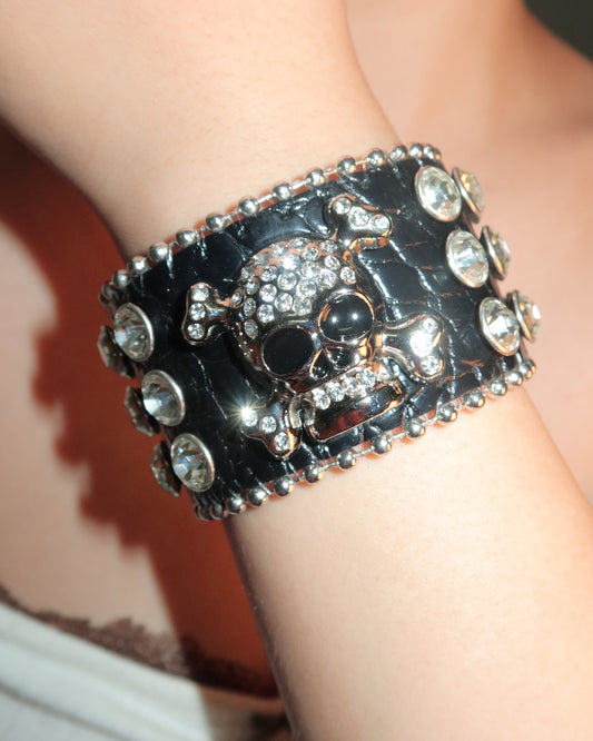 Vera Skull Rhinestone Leather Cuff Bracelet