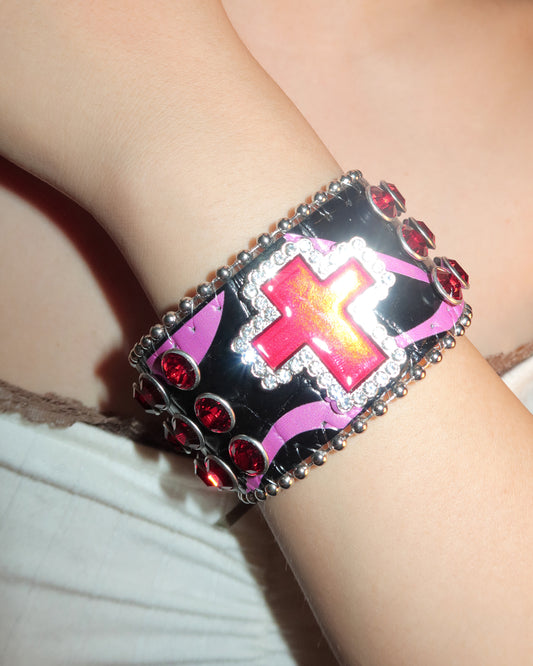 Vera Cross Rhinestone Wide Leather Bracelet