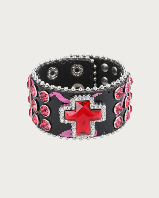 Vera Cross Rhinestone Wide Leather Bracelet