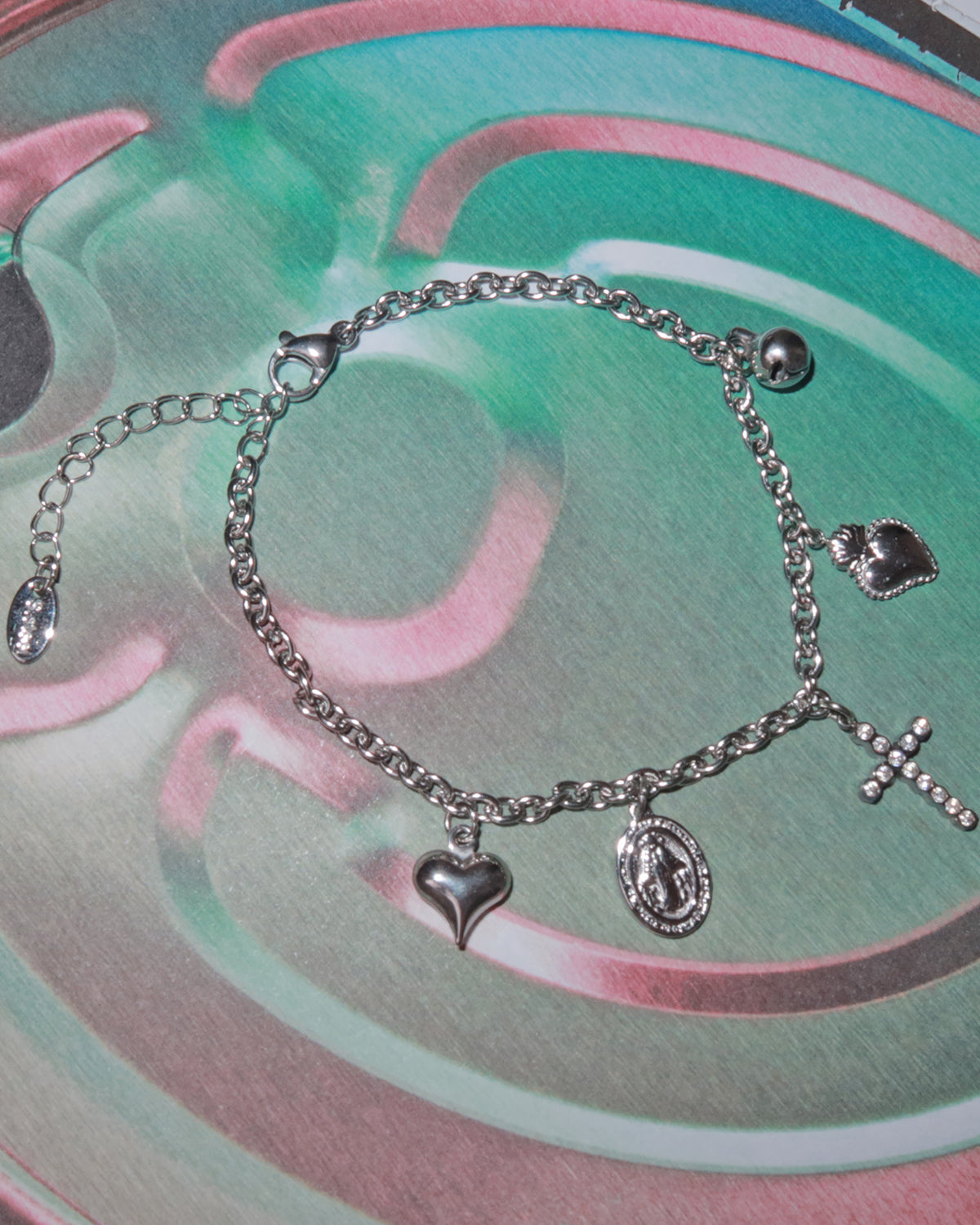 Carlin Cross Heart Dangle Religious Charm Silver Bracelet