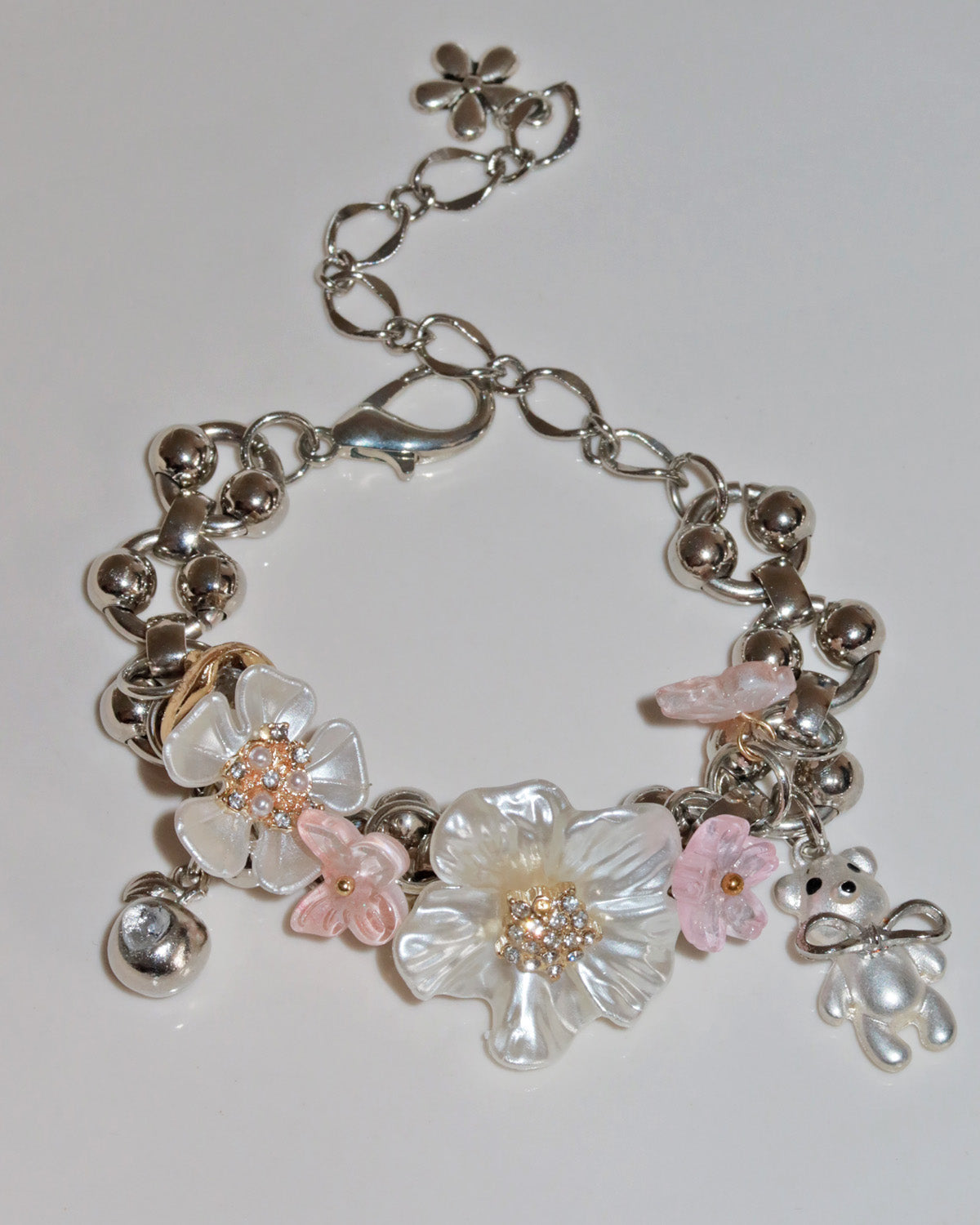 Saskia Blossom & Bear Charm Silver Bracelet