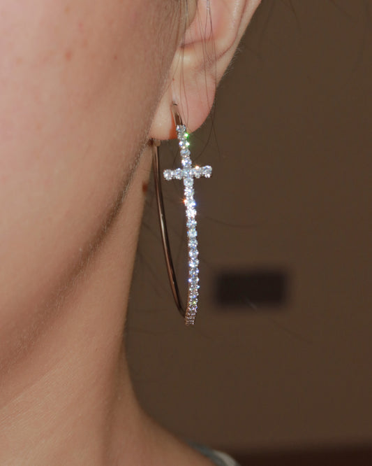 Angelina Divine Spark Cross Silver Hoop Earrings