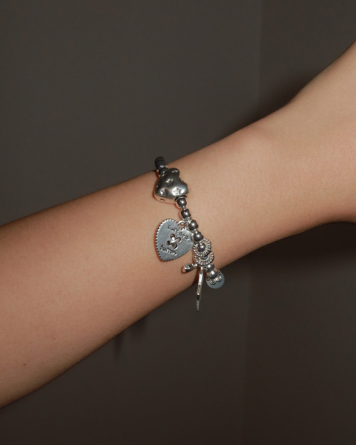 Aster Silver Beaded Star and Heart Vintage Bracelet