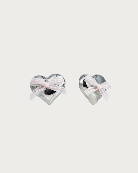 Tina Pink Bow Tie Heart Silver Stud Earrings