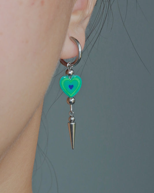 Teresa Blue Heart Spike Silver Drop Hoop Earrings