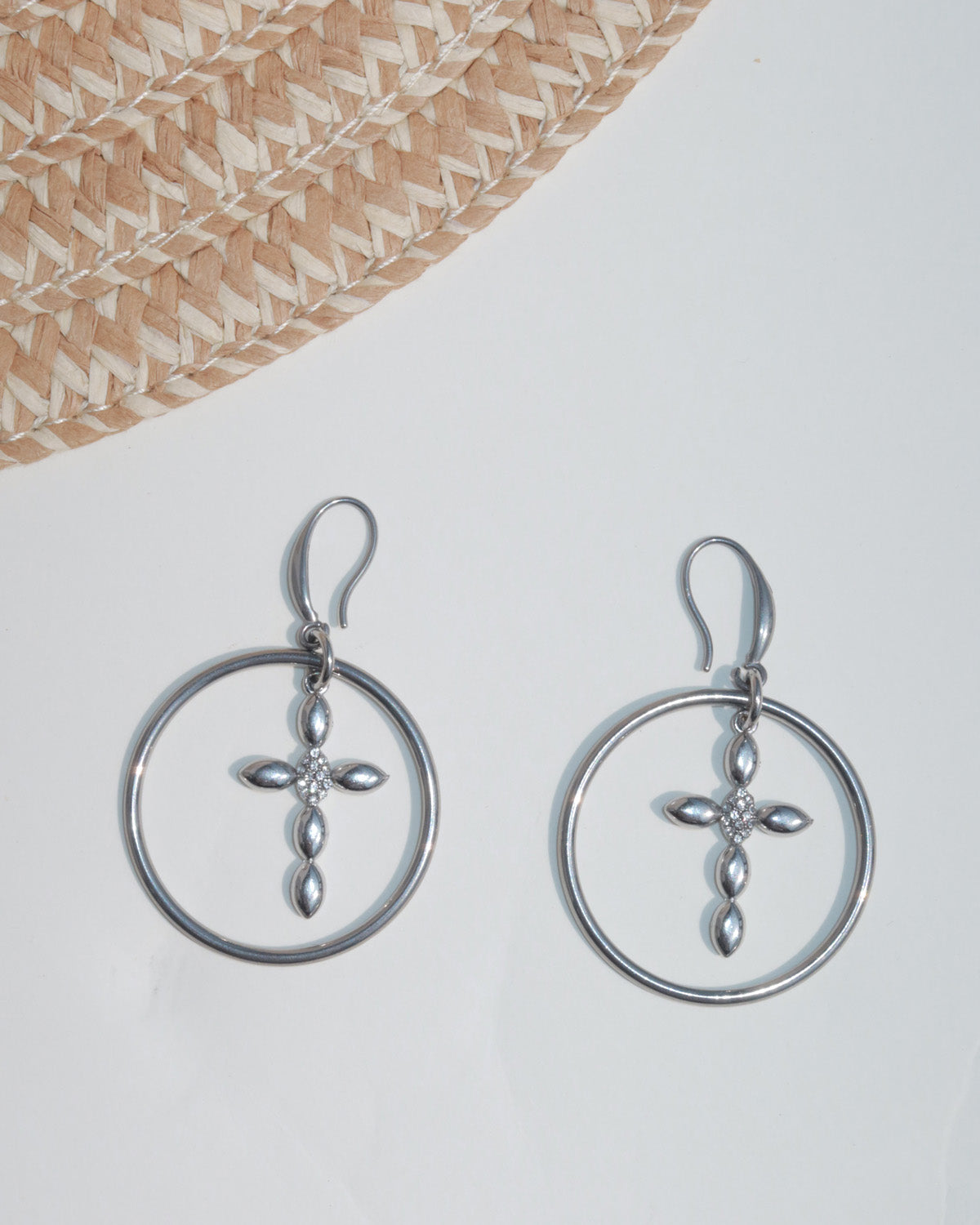 Lyra Geometric Cross Silver Hoop Earrings