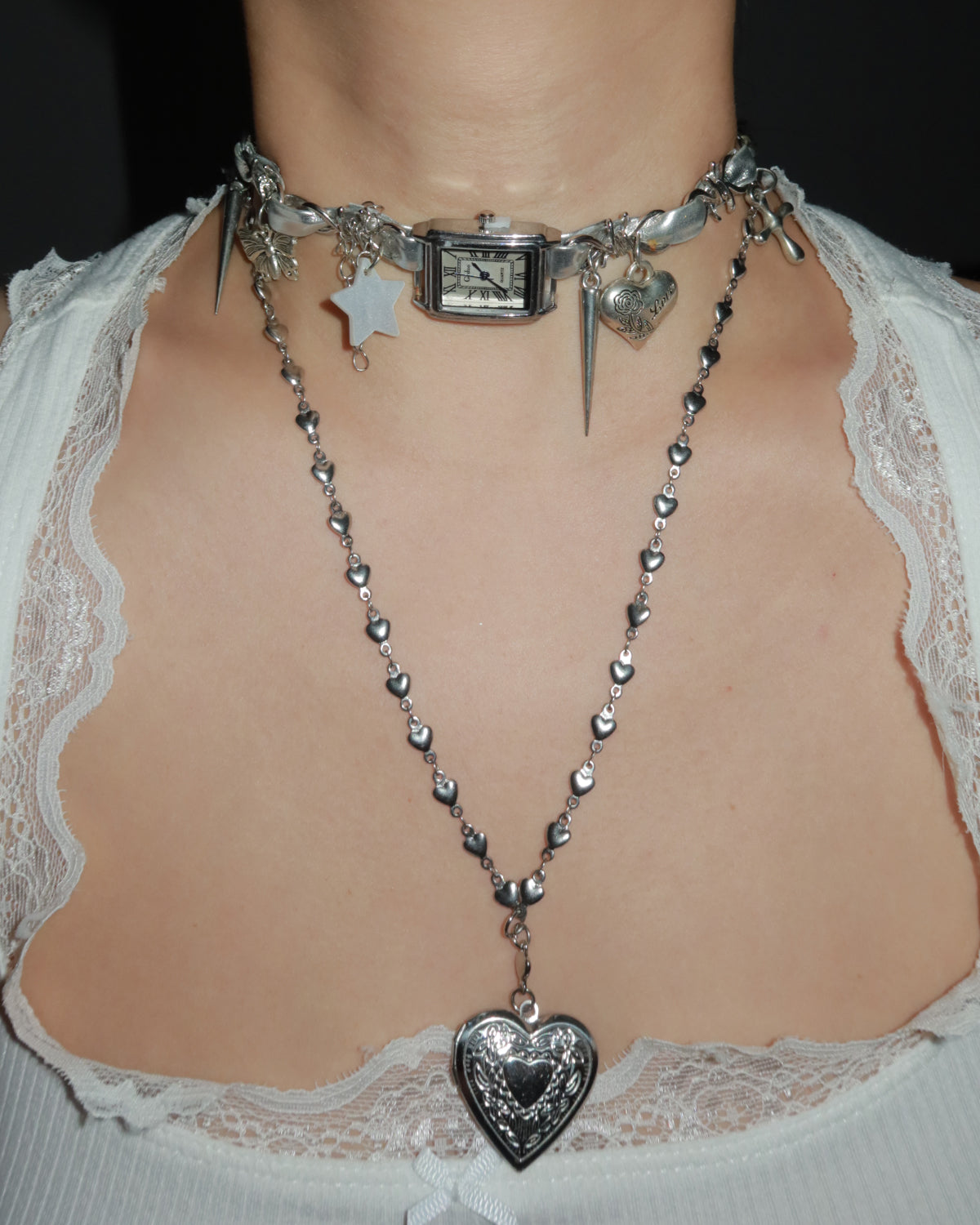 Alberta Clock Heart Silver Choker Necklace