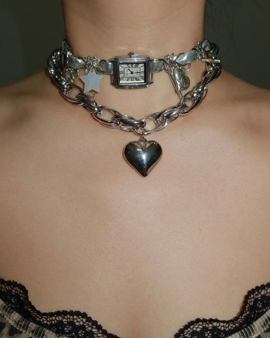 Alberta Clock Heart Silver Choker Necklace