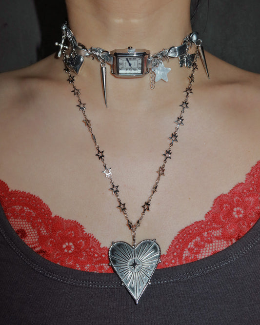 Alberta Clock Heart Silver Choker Necklace