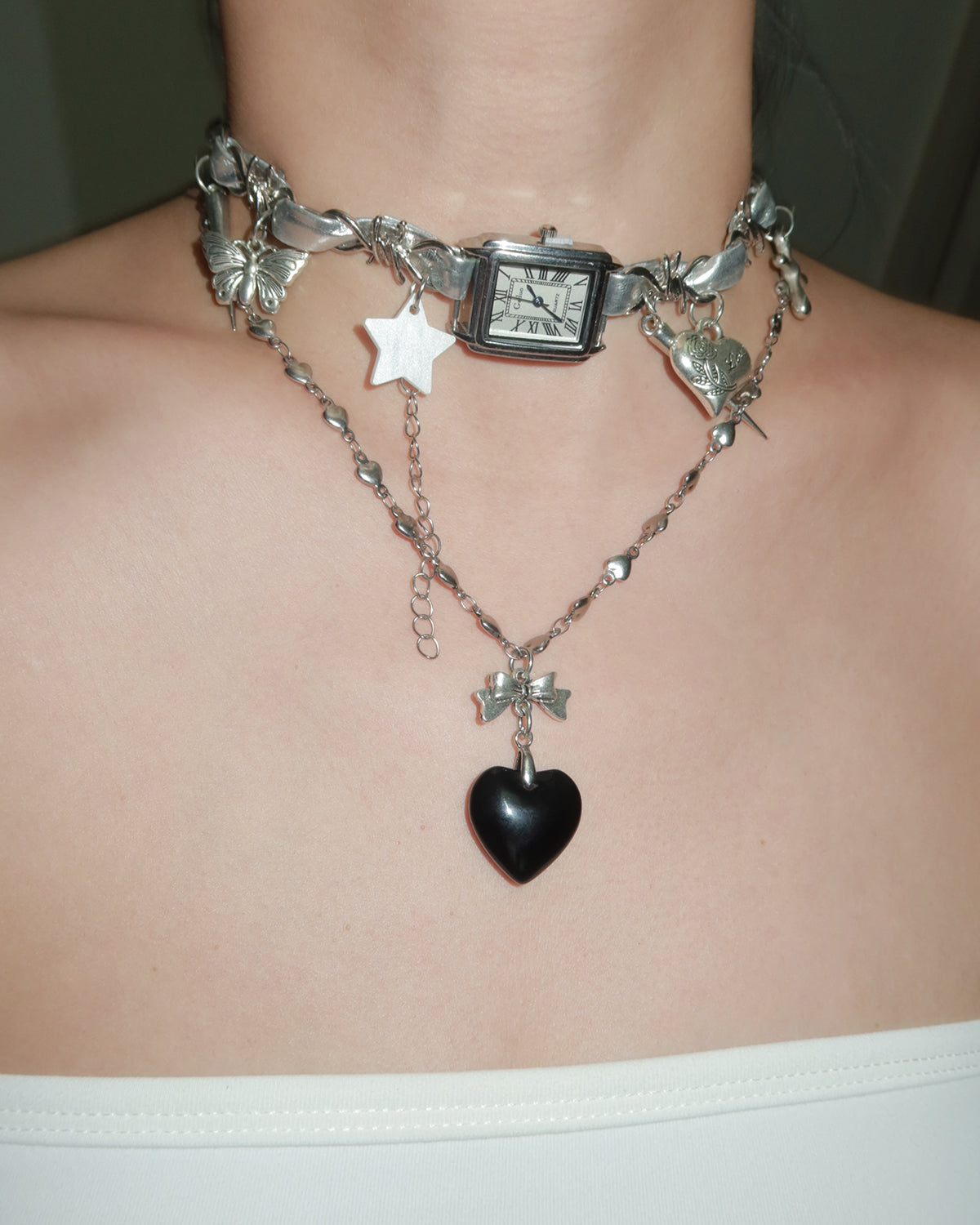 Ingrid Black Heart Bow Pendant Silver Necklace
