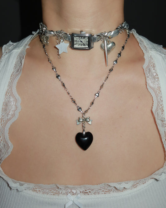 Alberta Clock Heart Silver Choker Necklace