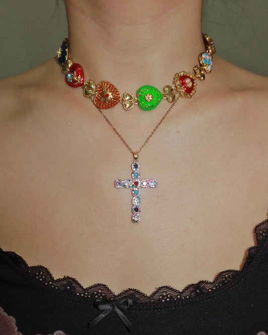 Evangeline Colorful Cross Golden Pendant Necklace