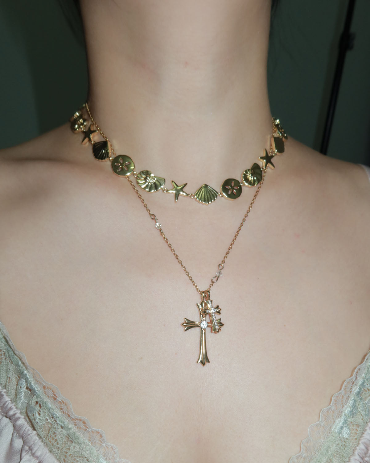 Rachel Double Cross Golden Pendant Necklace