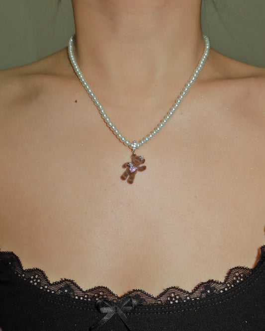 Wendy Cute Brown Pearl Beaded Bear Necklace
