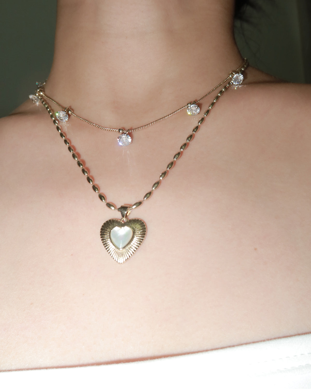 Constance Heart Mother Of Pearl Double Layer Silver Necklace