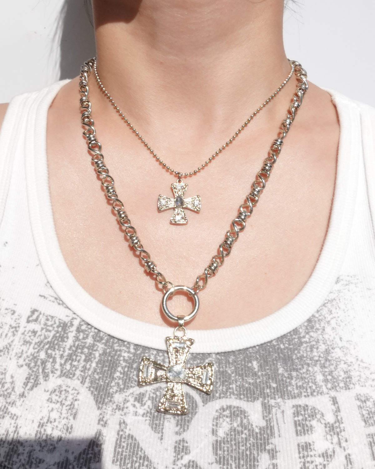 Zenobia Cross Double Layer Silver Necklace