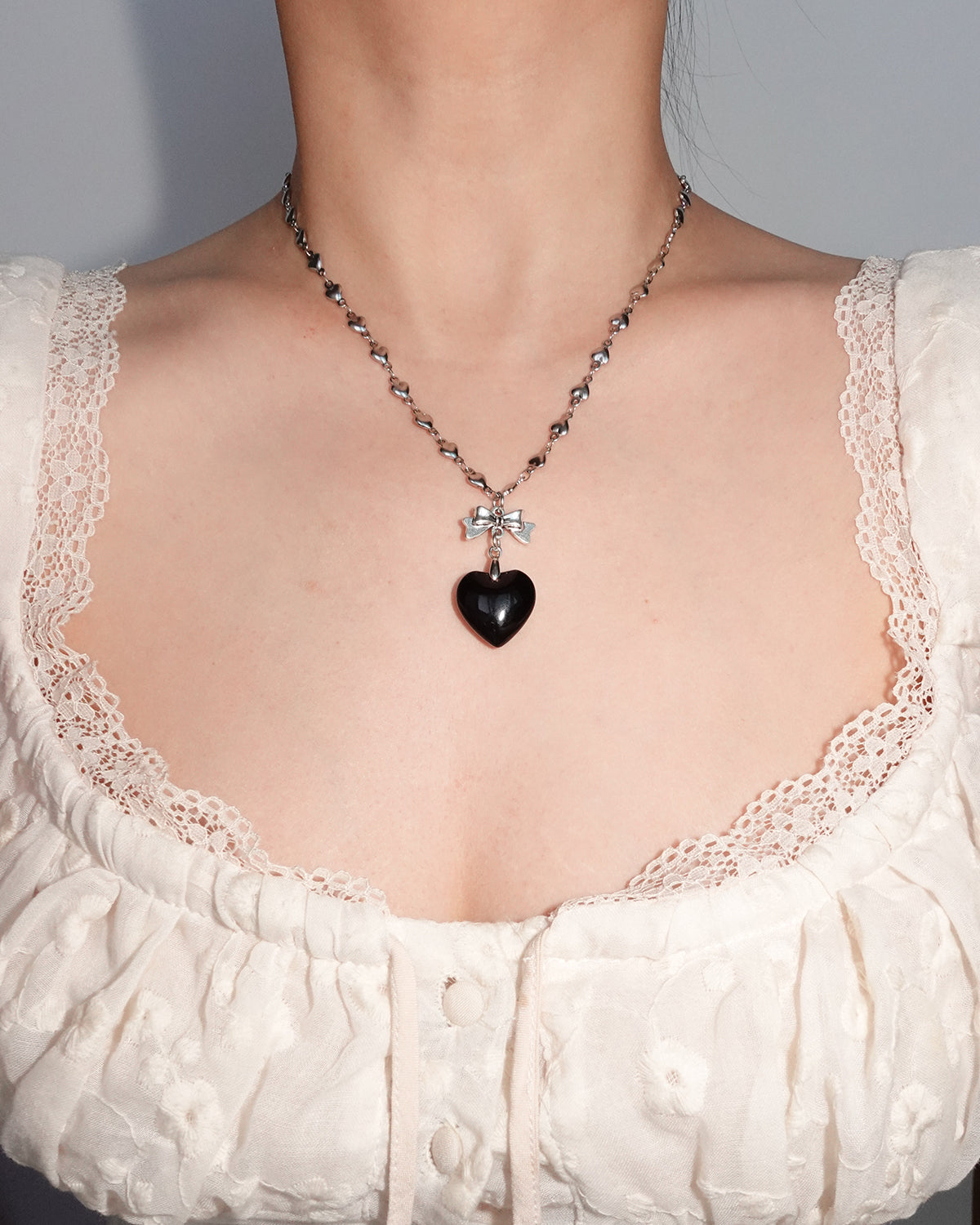 Black Heart Bow Pendant Silver Necklace