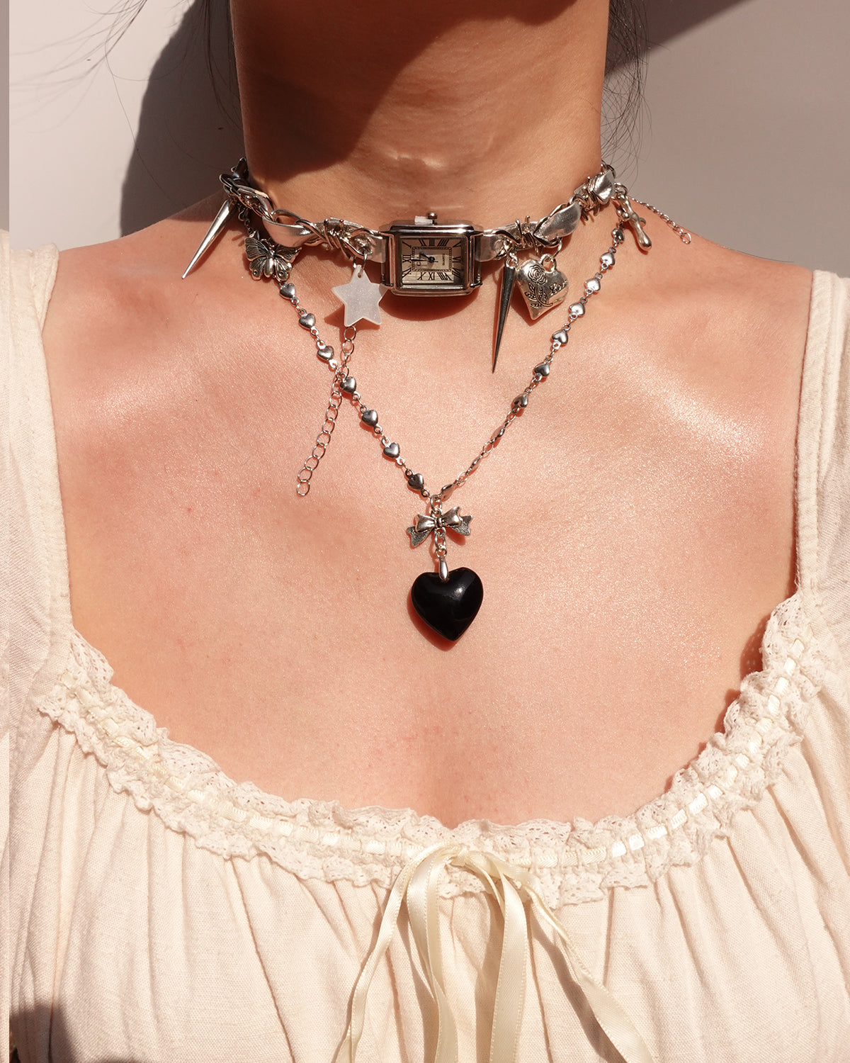 Black Heart Bow Pendant Silver Necklace