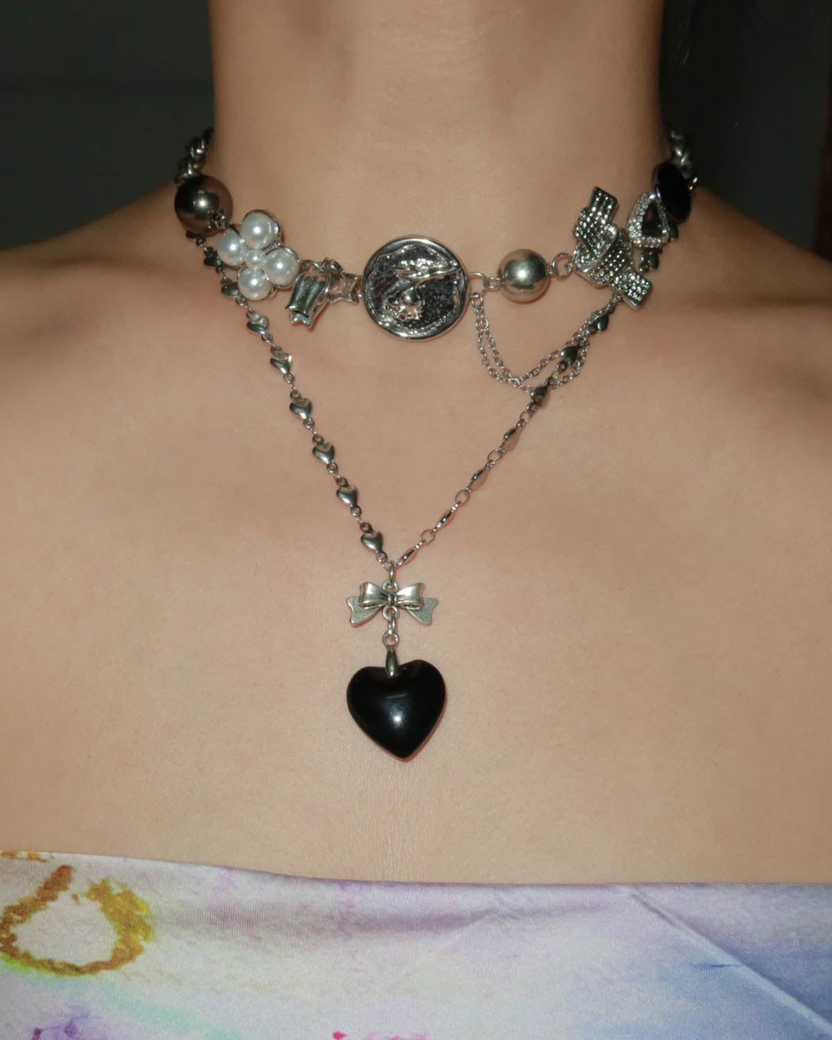 Ingrid Black Heart Bow Pendant Silver Necklace