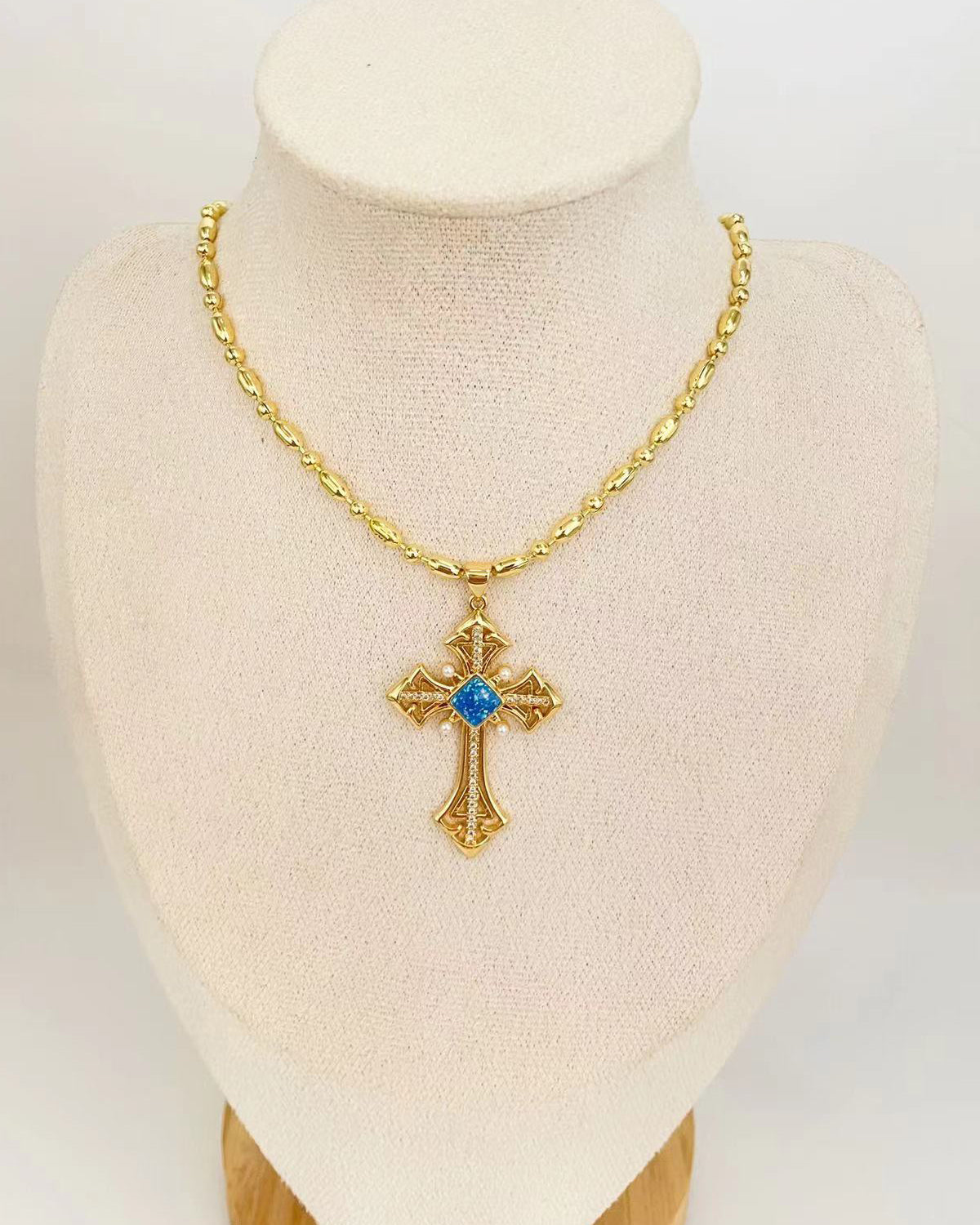 Audrey Vintage Cross Golden Beaded Pendant Necklace(4 Colors)