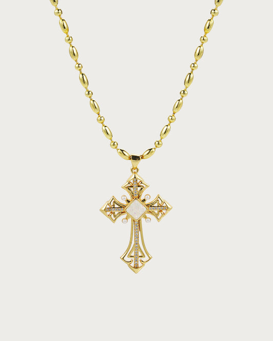 Audrey Vintage Cross Golden Beaded Pendant Necklace(4 Colors)