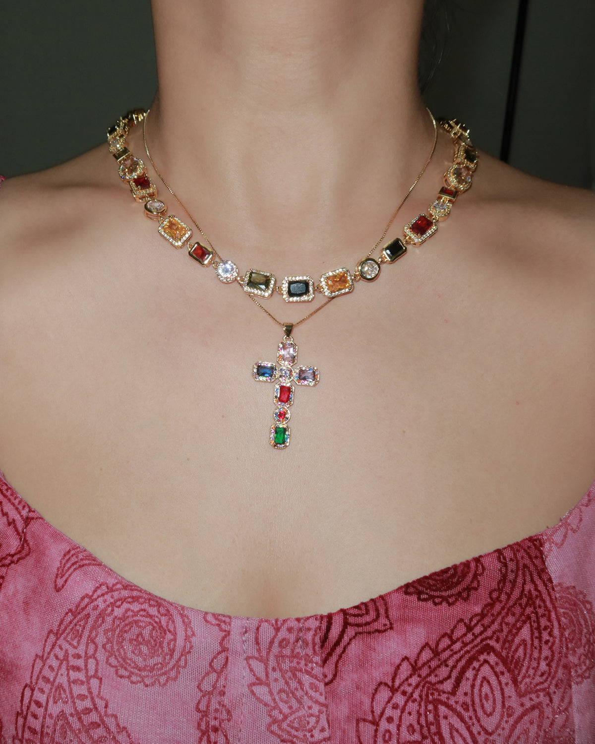 Michelle Colorful Cross Golden Pendant Necklace