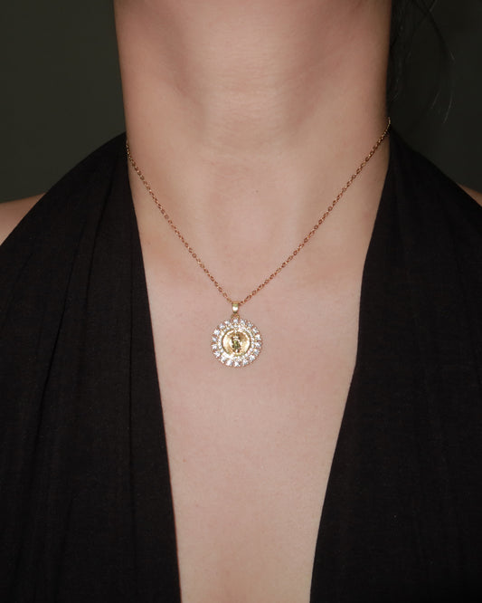 Janet Virgin Mary Oval Golden Pendant Necklace