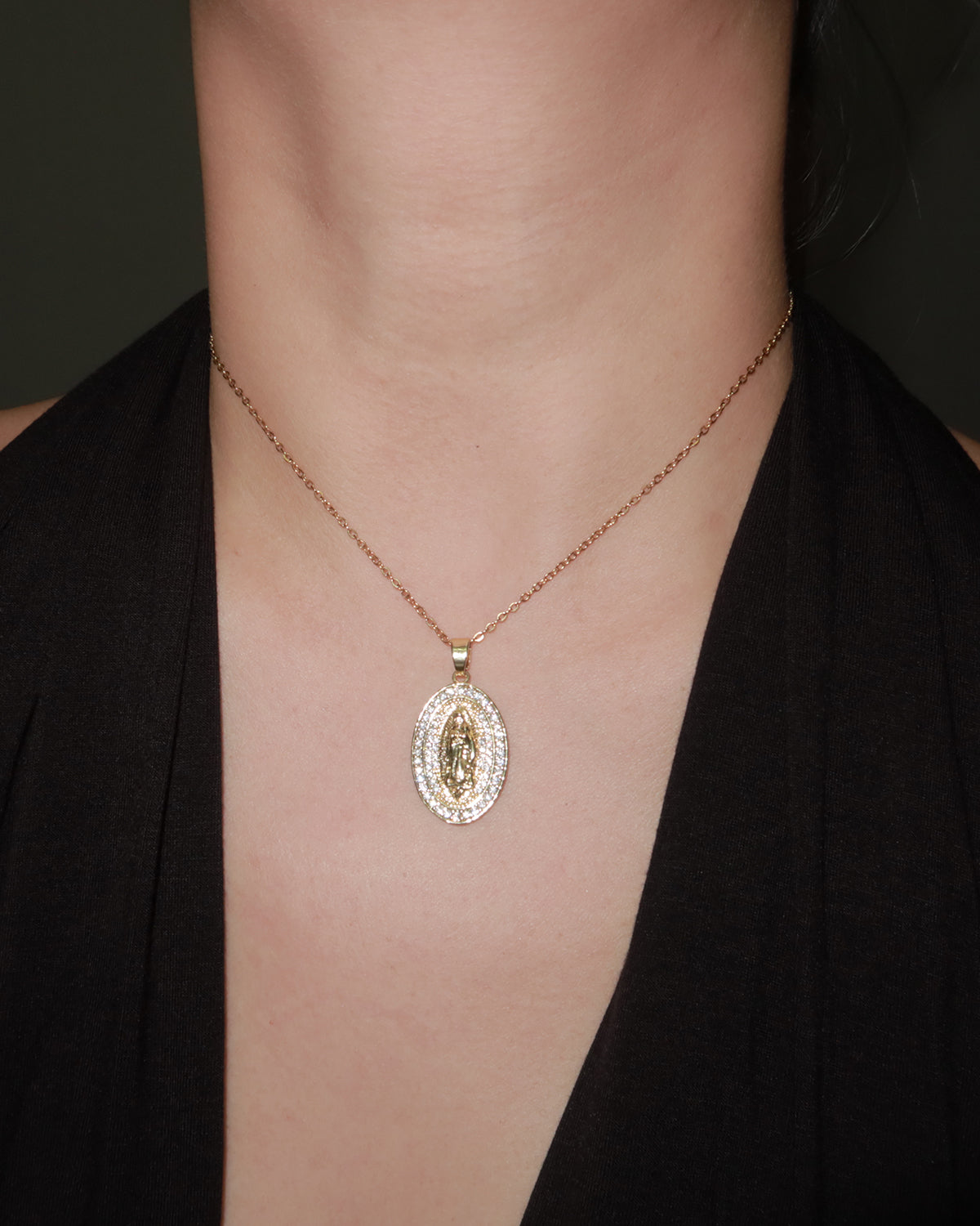 Janet Virgin Mary Circle Golden Pendant Necklace