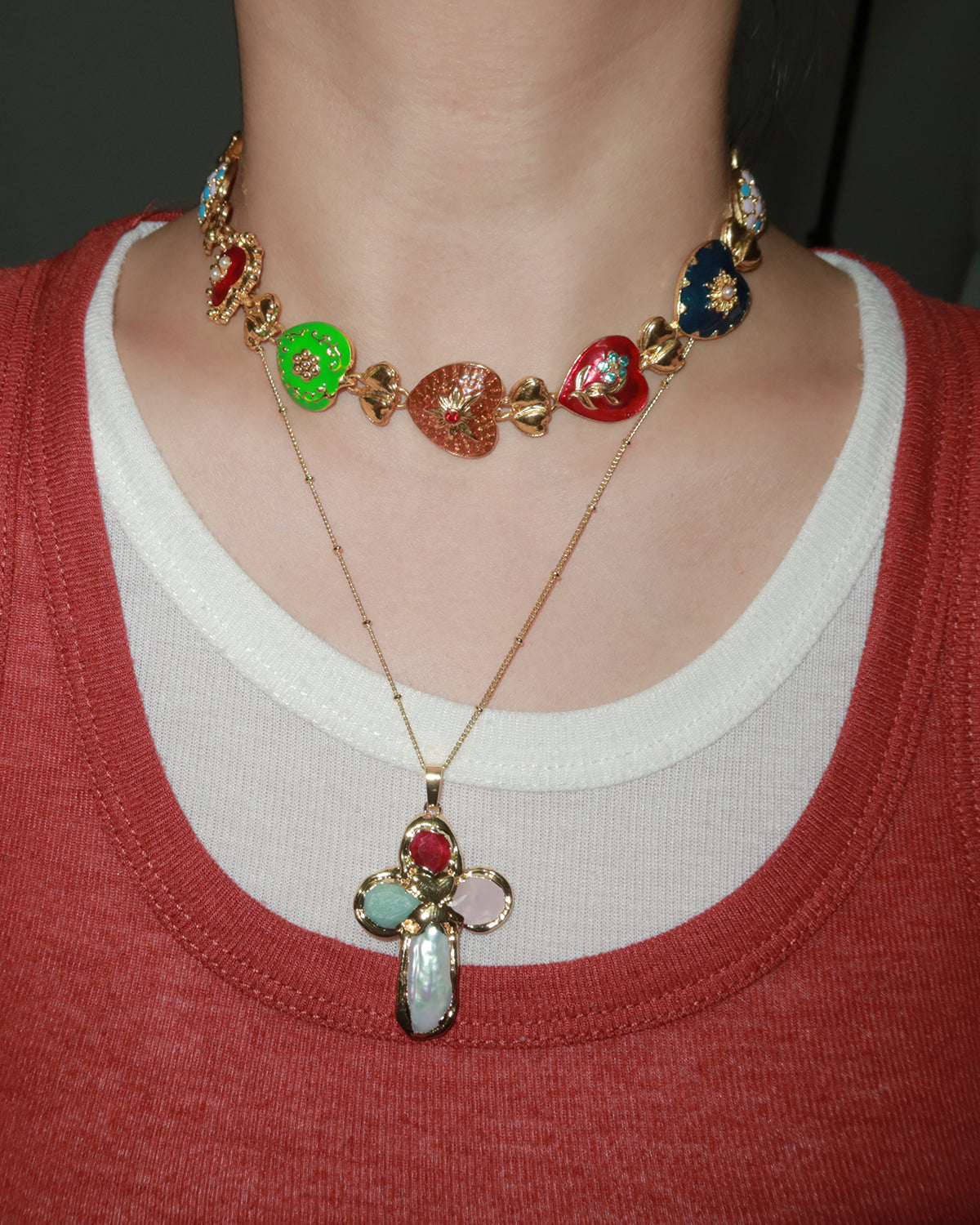 Rebecca Vintage Enamel Heart Golden Necklace