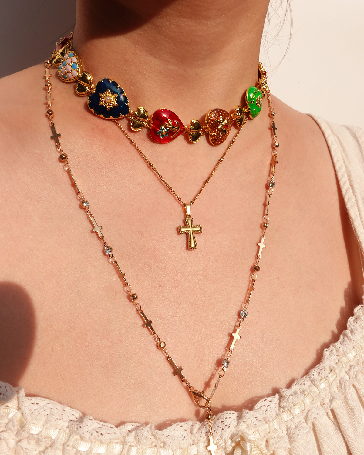 Vintage Enamel Heart Golden Necklace