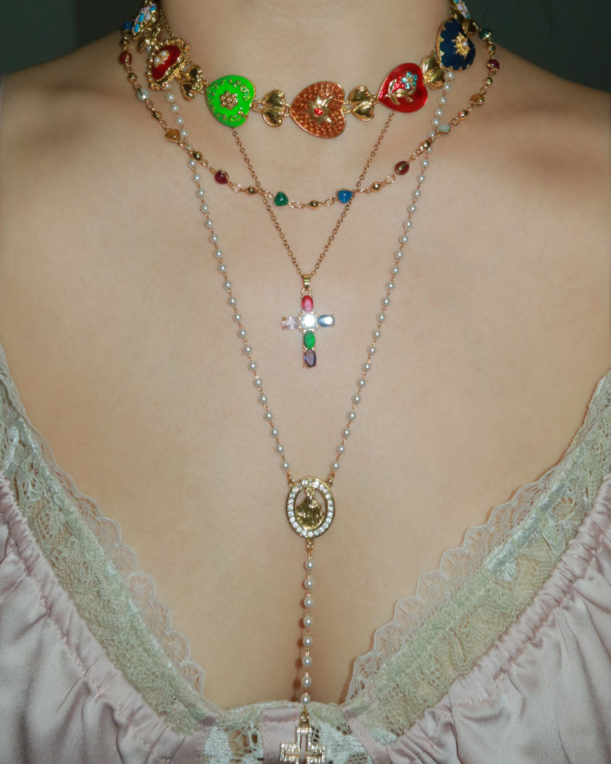 Chaya Rainbow Heart Enamel Beaded Golden Necklace