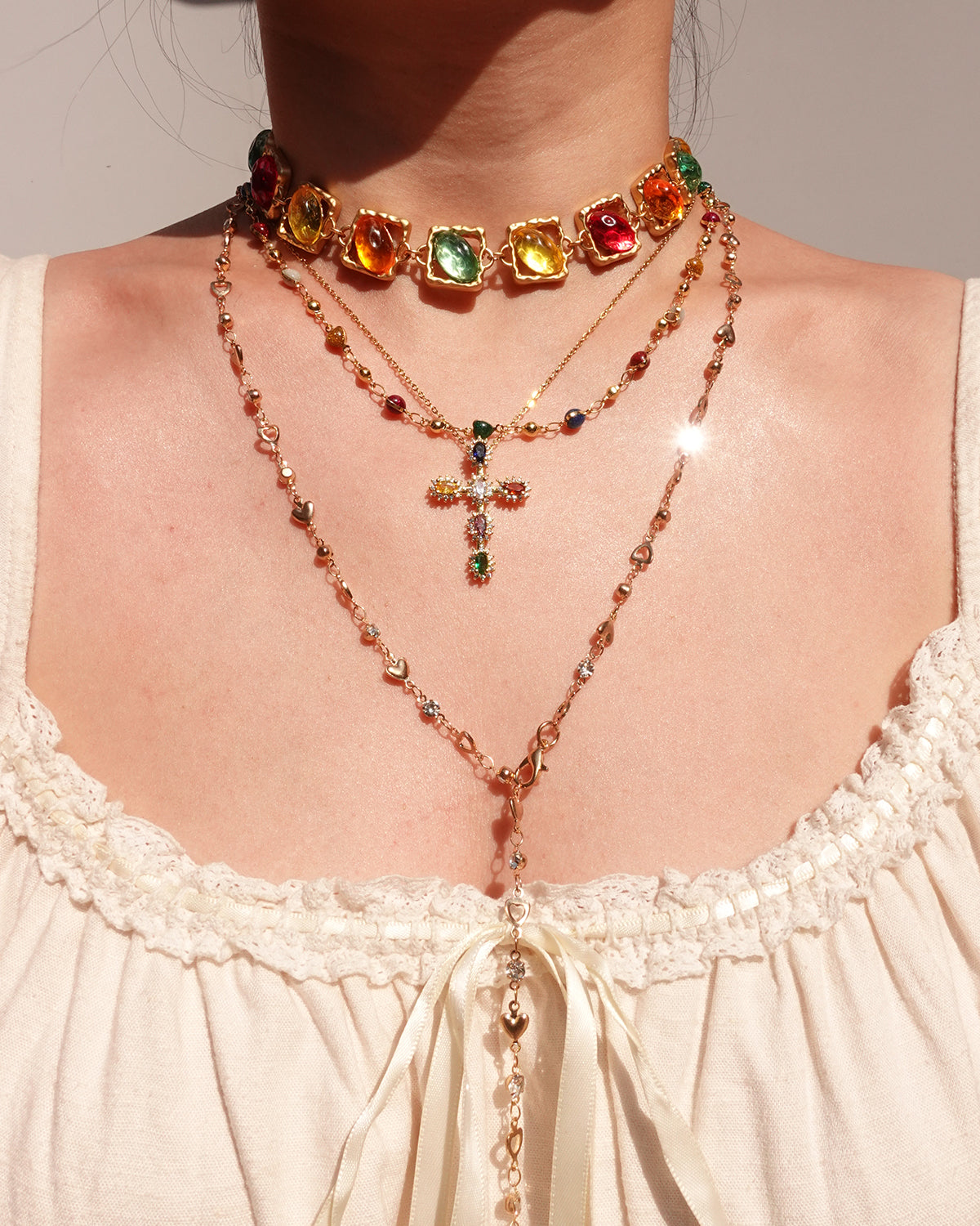 Rainbow Heart Enamel Beaded Golden Necklace