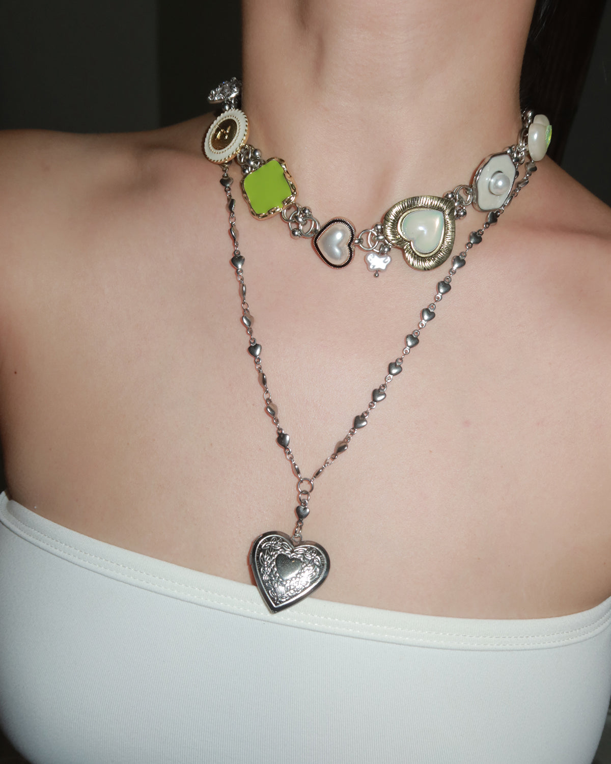 Lyuba Heart Buttons Pearl Silver Necklace