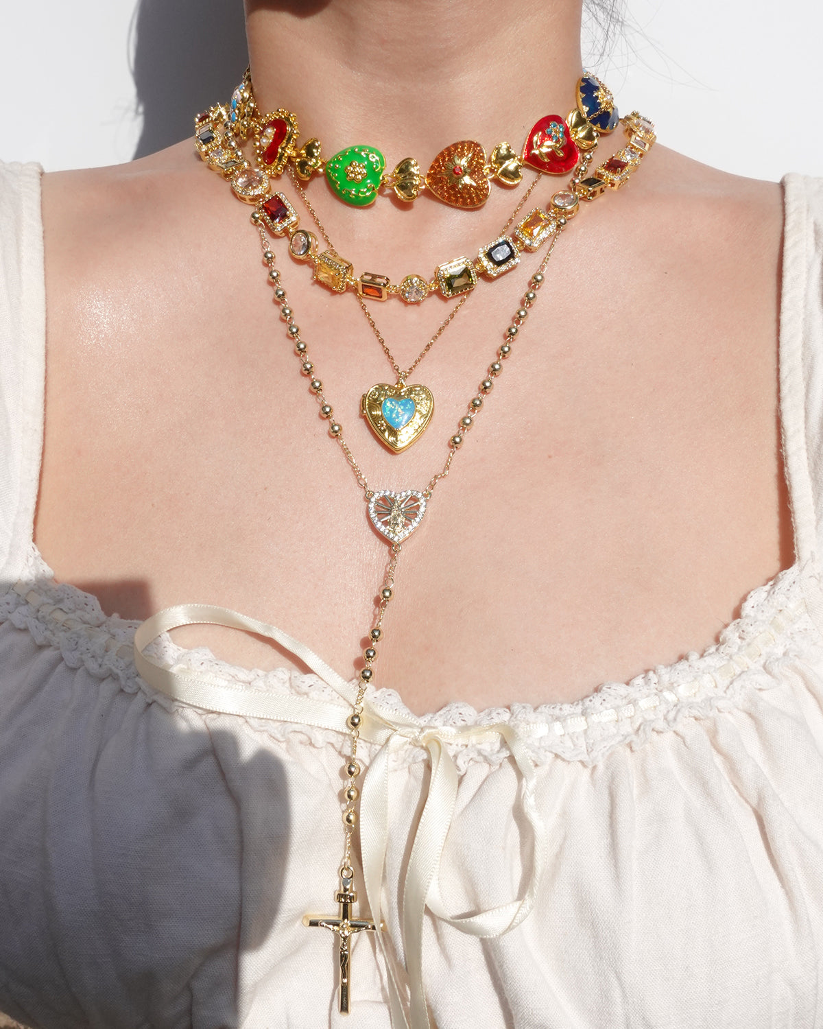 Guadalupe Beaded Heart Golden Lariat Necklace