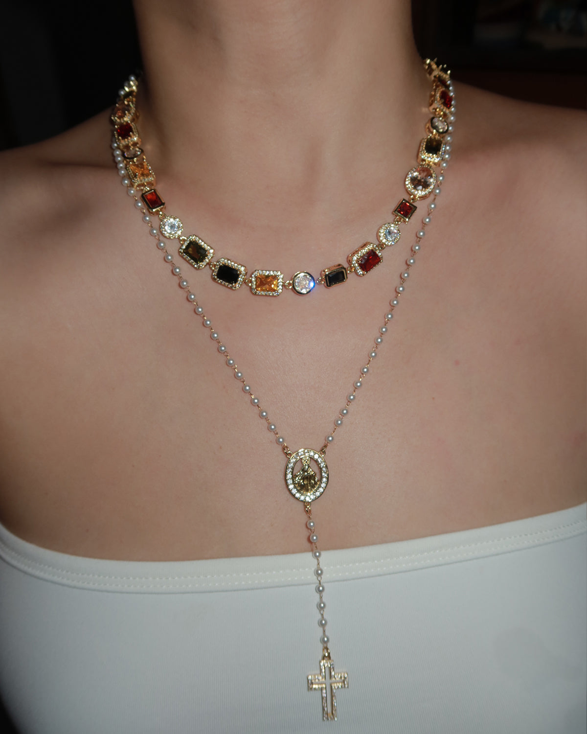 Marjorie Virgin Mary Pearl Beaded Cross Golden Lariat Necklace