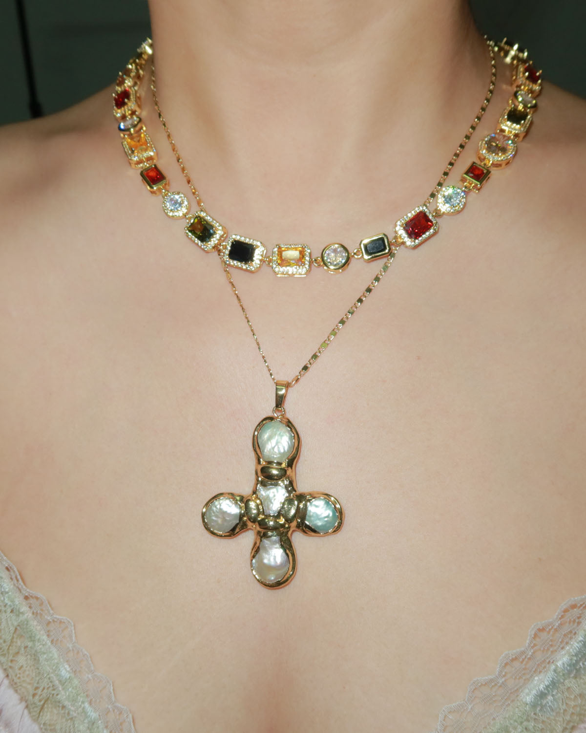 Betty Pearl Cross Golden Pendant Necklace