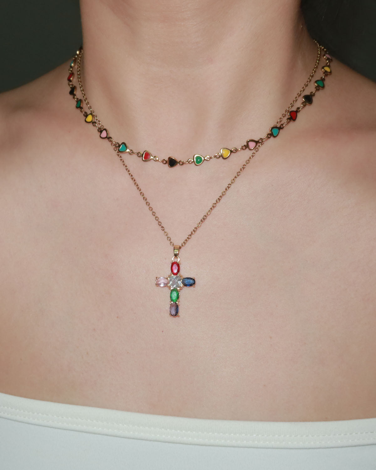 Elvira Colorful Stone Cross Golden Pendant Necklace