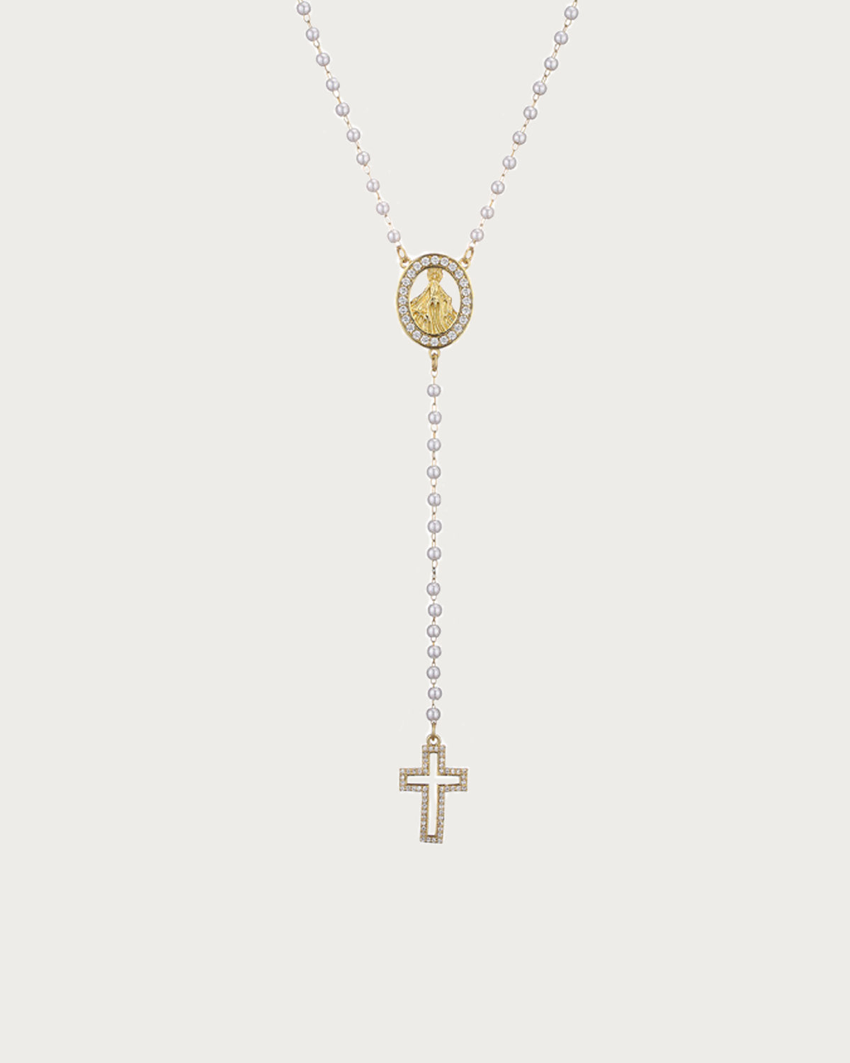 Marjorie Virgin Mary Pearl Beaded Cross Golden Lariat Necklace