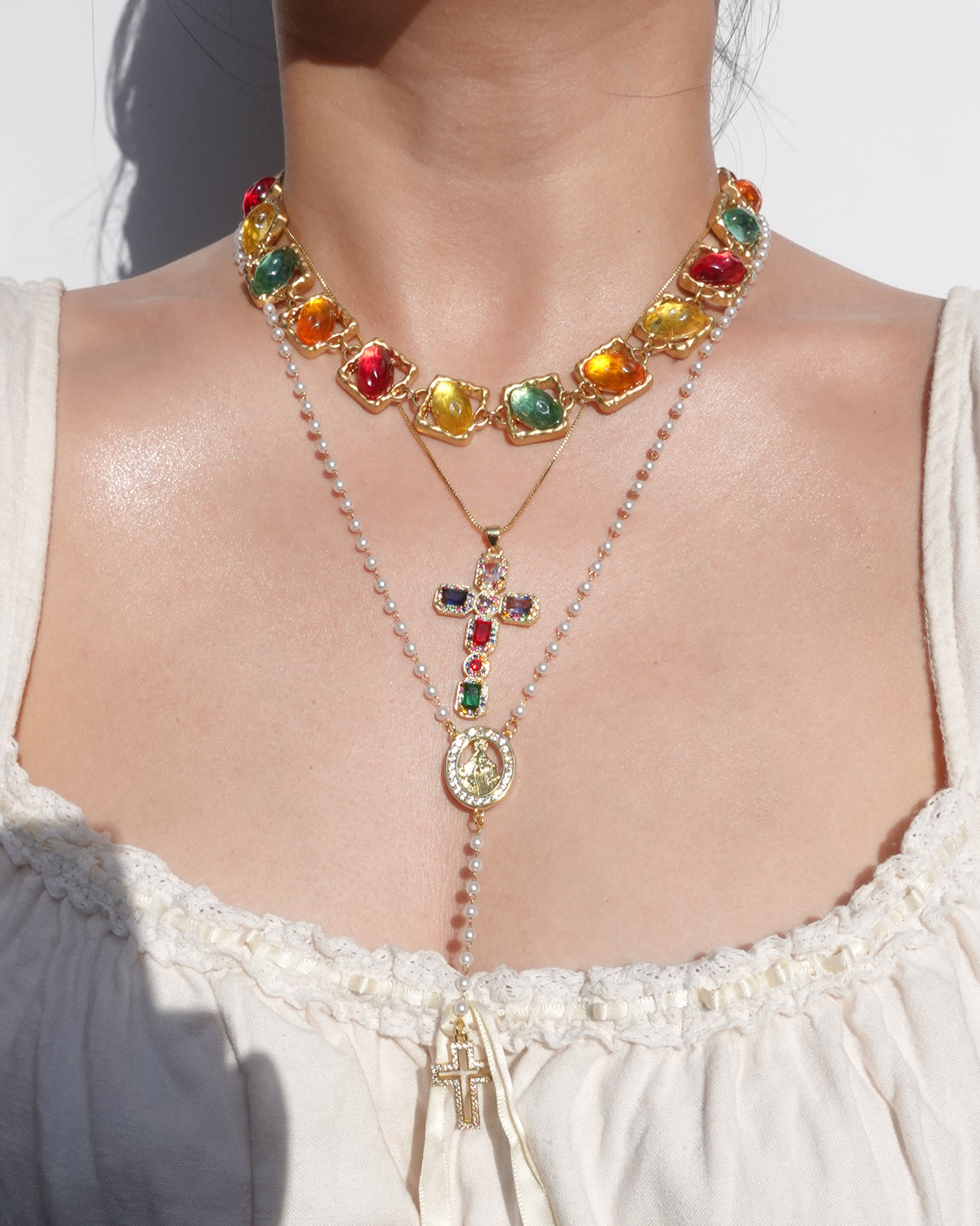 Marjorie Virgin Mary Pearl Beaded Cross Golden Lariat Necklace