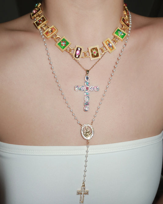 Marjorie Virgin Mary Pearl Beaded Cross Golden Lariat Necklace